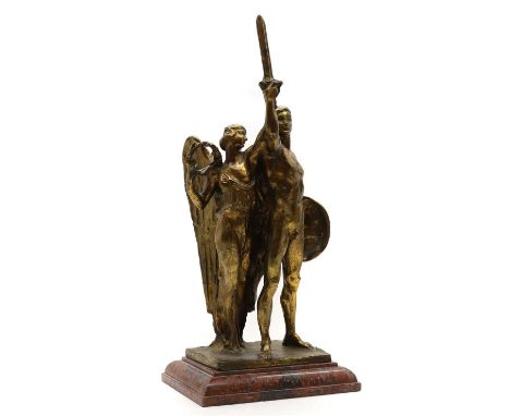 Amleto Cataldi (Italian, 1882-1930), bronze group, modelled as two nude figures, one holding a sword, signed, raised on a mar