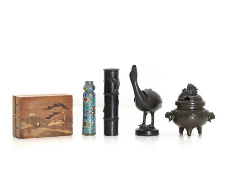 A collection of Japanese bronzes, 19th-20th century, including a koro, with Buddhist lion knop and handles, 11cm long, a bron