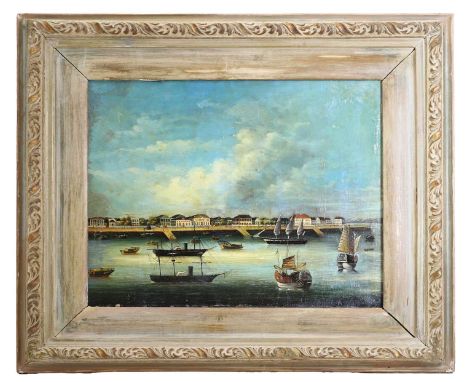 A Chinese oil painting, 20th century, possibly the Port of Shanghai, oil on canvas, 42 x 52cm, framedCondition ReportFrame 67