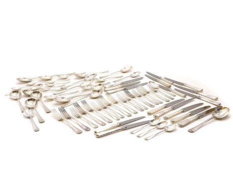 A composed silver Hanoverian pattern table service for eight place settings, comprising tablespoons, six by Josiah Williams &
