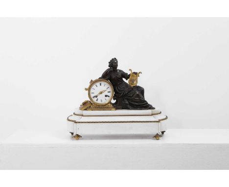 A Napoleon III patinated bronze and marble mantel clock, 19th century, French, the 8-inch enamel dial with Roman numerals and