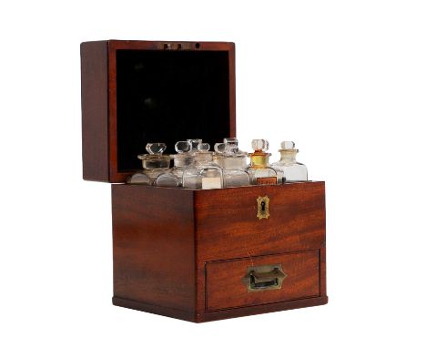 An apothecary box 19th century,the divisioned interior containing ten clear glass labels, fitted base drawer17cm wide15.5cm d