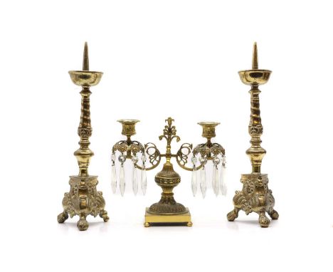 A pair of brass pricket sticks, 19th century, of typical form,42.5cm highand a two-branch chandelier,19th century, with cut g