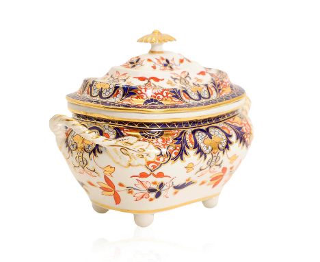 A Crown Derby sucrier, 19th century, white gold, blue and orange, Old Japan pattern, base marked D with crossed batons and nu
