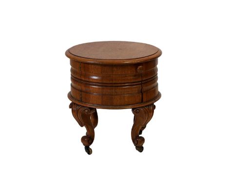 An oak dwarf pot cupboard, 19th century, the circular top above concave panel door on carved cabriole supports,48cm diameter4