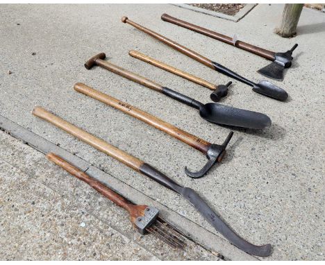 A assorted group of gamekeepers tools to include poles axes, spades, a moler, and Elwell 3804 scythe,the largest pole axe 84c
