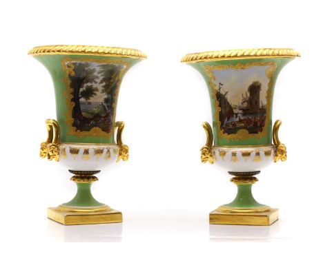 A pair of Derby porcelain urn vases, 19th century, each enamelled with a figural scene against a green ground, one titled 'Bo