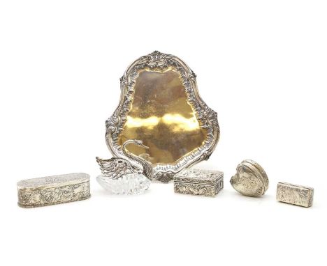 Three Dutch silver boxes, one with import marks, 14cm, 8.3cm and 7cm, a 800 standard box, 6.5cm wide, a French silver shaped 