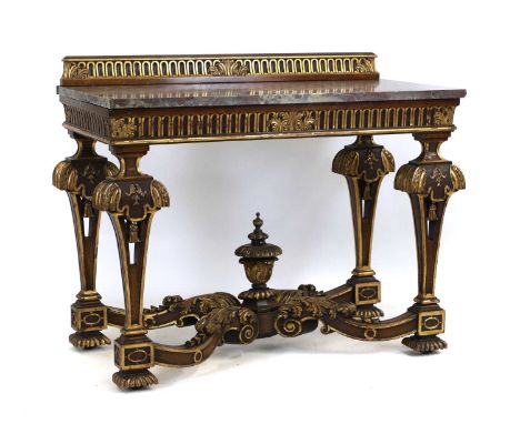 A Louis XIV style parcel gilt walnut console table, 20th century, with marble top over parcel gilt supports united by a stret