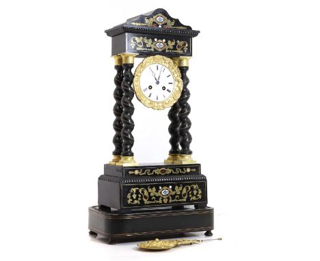 An ebonised and inlaid portico clock, 19th century, by Leroy of Paris, inlaid with brass, tortoiseshell and ivory, the circul