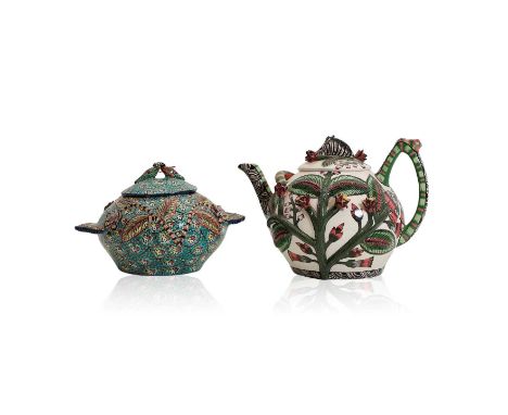 Two Ardmore Studio pottery items comprising a teapot, painted by Bonie. N, dated 96, modelled with a zebra head and flowers i