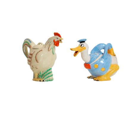 A Clarice Cliff ‘Cockerel’ pottery teapot, c.1930, printed marks, and a Wade Heath Donald Duck teapot,tallest 19.5cm (2)Condi