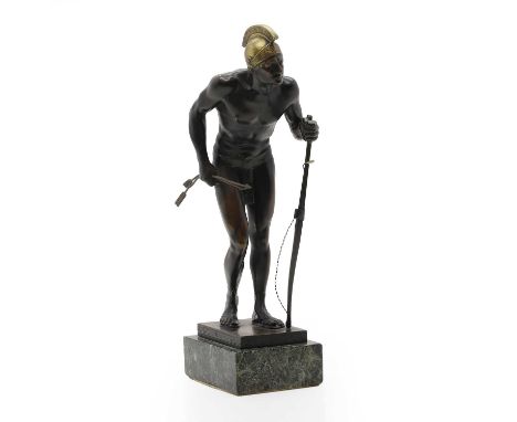 Ferdinand Lugerth (German, 1885-1915) a patinated bronze model of a Spartan archer, modelled holding a bow, raised on a veine