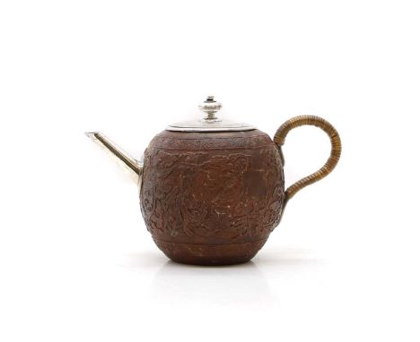 A Chinese Yixing pottery teapot  19th century, decorated with figures amongst scrolls, with later applied rattan handle, silv