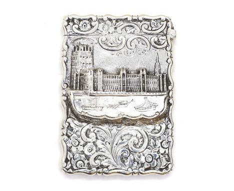 A Victorian silver 'castle top' card by George Unite, Birmingham 1875, with raised decoration depicting the House of Parliame