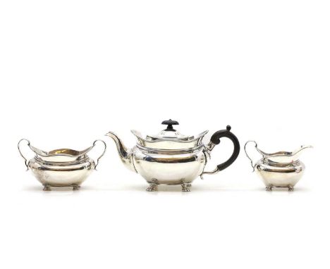 A silver three piece tea set,  by Elkington & Co, London 1910, in the Georgian style,  teapot 28cm wide,  38ozt overall (3)  