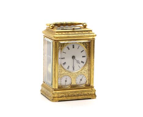 A French carriage clock, in an engraved gorge case, with an enamelled dial with Roman numerals, with an Arabic alarm and a da