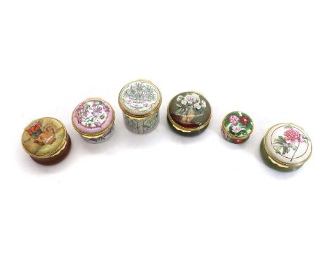 A group of six Halcyon Days Enamels boxes to include The Metropolitan Opera, 1.5cm high, a example to support the Lord Mayor'