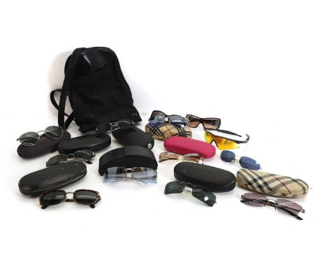 A collection of Designer and other sunglasses, and a bag, to include a pair of Chanel metal framed glasses with black lenses,