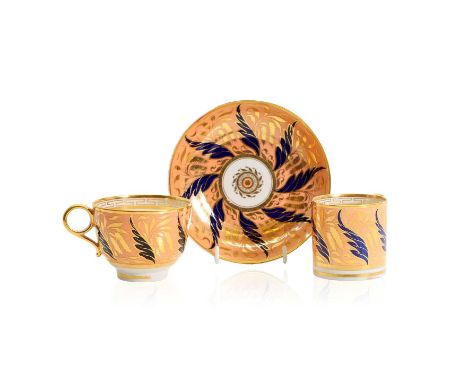 A Worcester teacup, coffee cup and saucer 19th century, salmon pink, gold and dark blue with gold gilt rim, stamped BFB,8cm d