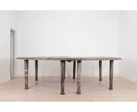 A large Buckingham Palace garden party table,  20th century, the sectional top with a limed finish on ring-turned tapering le