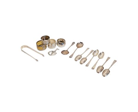 A collection of silver to include,and cased pair of presrve spoons, Sheffield 1920; together with four napkin rings, six Geor