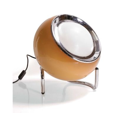 ▲ Harvey Guzzini (Italian, 1929-2020), a 'Clan' floor lamp, c.1970, with a cognac acrylic curved shade, raised on a curved tu