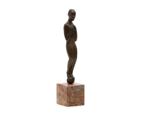 A modernist bronze figure 20th centurymodelled as a nude female on rouge marble base26cm highCondition Reportminor rubbing an