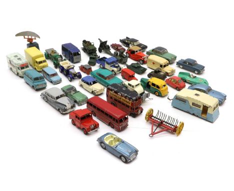 A selection of well used model cars, including Tri-Ang 'Spot-On' Aston Martin, Austin Healey, a Dinky Connaught, a Corgi Smit