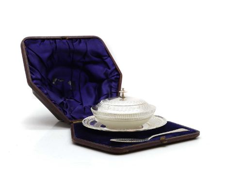 A Victorian silver and glass butter dish, stand, and knife by John Bell &amp; Frederick Brasted, London 1872, with engraved a