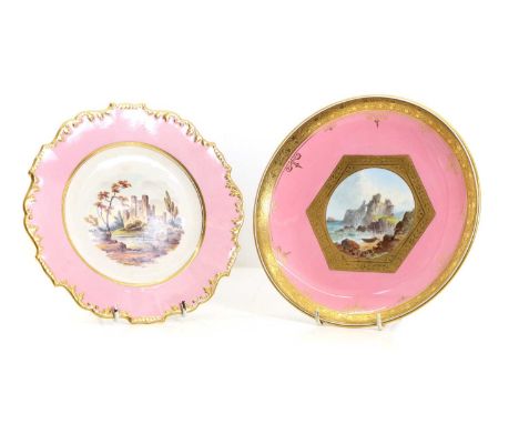 A Minton porcelain plate 19th century, the centre painted with a roundel enclosing a castle on a sea shore within gilt border