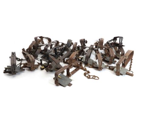 A large quantity of twenty one gin traps to include a Roberts patent dogless gin trap, 4inch, a Defiance, 4inch, a Advance, 4