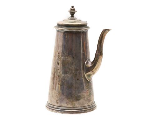 A George II silver coffee pot,  by Paul Crespin, marks rubbed, of tapering form, with blind cartouche decoration,  20cm high 