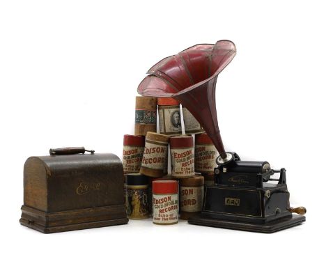 A Edison Gem phonograph, early 20th cenutry, with model C reproducer, with a red Gem horn, with bentwood oak lid, complete wi