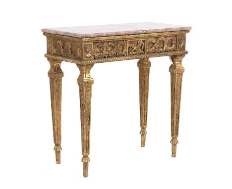 A gilt and marble topped console table, 20th century, the rectangular top over a relief moulded frieze,73cm wide40.2cm deep75