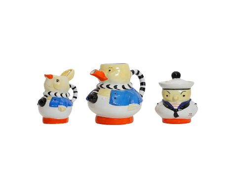 A Shelley porcelain tea service, c.1930, designed by Mabel Lucie Attwell, one modelled as a duck, all in sailing attire, prin
