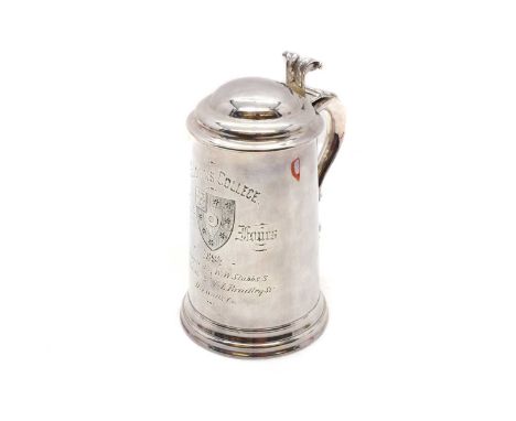 A silver-plated 'St Johns College 1884 Torpid Fours' lidded tankard engraved, with a ruby and cut glass base, stamped James D