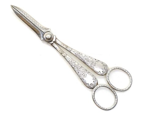 A pair of late Victorian silver grape scissors by Atkin Brothers, Sheffield 1898, with chased decoration,17.2cm long3.2oztCon