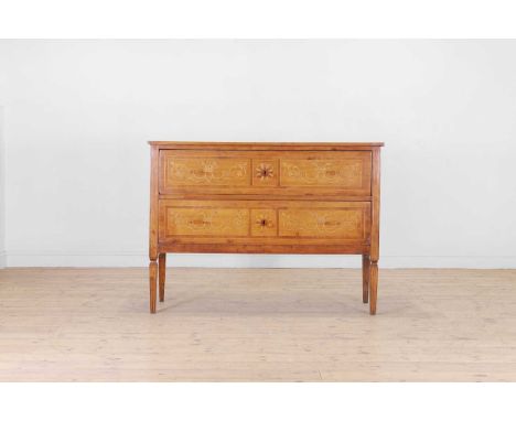 A walnut, rosewood, and fruitwood marquetry commode, late 18th/early 19th century, North Italian, the rectangular top with cr