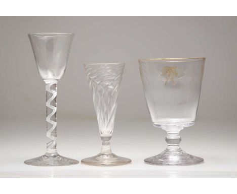 A group of glass items comprising an 18th century wine glass, c.1750, with a round funnel bowl over a single series air twist