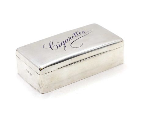An Edwardian silver cigarette box, Birmingham 1903, makers mark for George Unite, enamelled in blue script, 'Cigarettes', ced