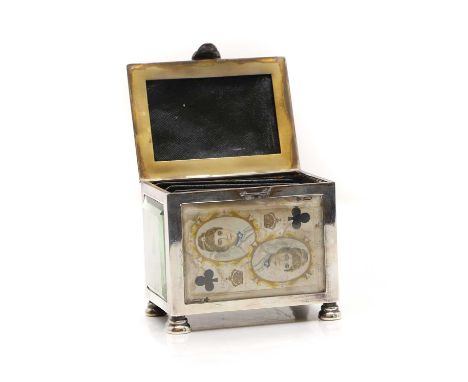 A silver card case, Chester, 1903, with bevelled glass sides, the interior with three divisions, 11cm wide 8cm deep9cm highCo