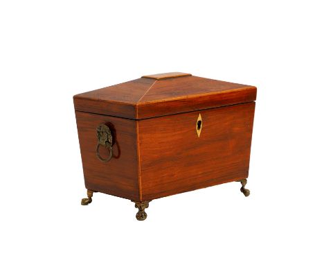 A Regency mahogany tea caddy of sarcophus form with boxwood stringing and lions mask handles19cm wide16cm highCondition Repor