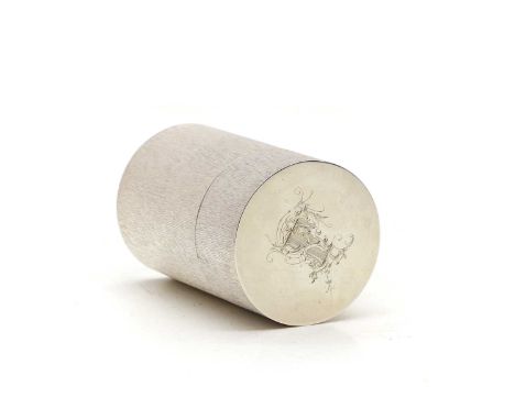 A modern cylindrical silver cigarette box and cover, London 1974, with a vertical bark finish, engraved to the cover 'F', the