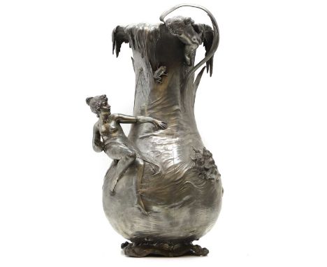 A large Art Nouveau pewter vase, c.1900, attributed to WMF, cast with two nude figures in relief,56.5cm highCondition ReportW
