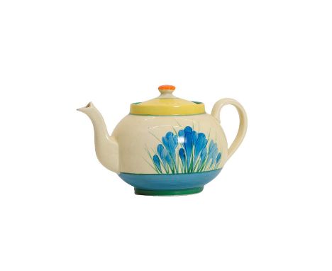 A Clarice Cliff ‘Blue Crocus’ pattern pottery teapot, c.1930, 'Globe' shape, printed marks,23cm wide