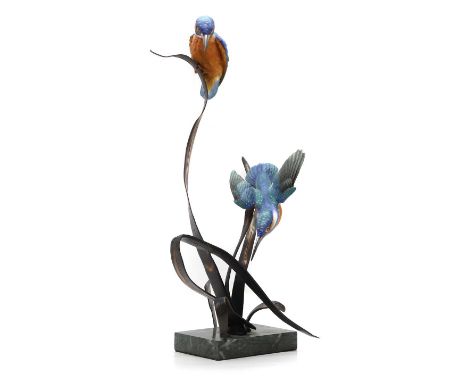 A Danbury mint bronze sculpture by David Fryer 'Rhapsody in Blue', modelled as two kingfisher on reeds,35cm highCondition Rep