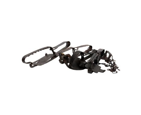 A group of five animal traps to include gin traps, one a 6inch gilpa example, and a 11.5inch fox trap with spiked jaws, (5)Pr