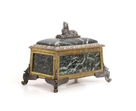 A gilt metal and marble mounted Egyptian revival casket, early 20th century, by Tahan, Paris, partial label to the underside,