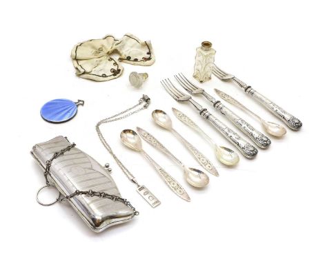 A set of five silver teaspoons, with figree decorated handles, stamped 800, together with three fruit forks with silver handl